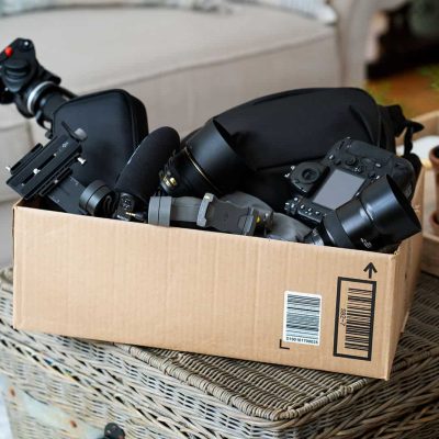 box of old photo gear