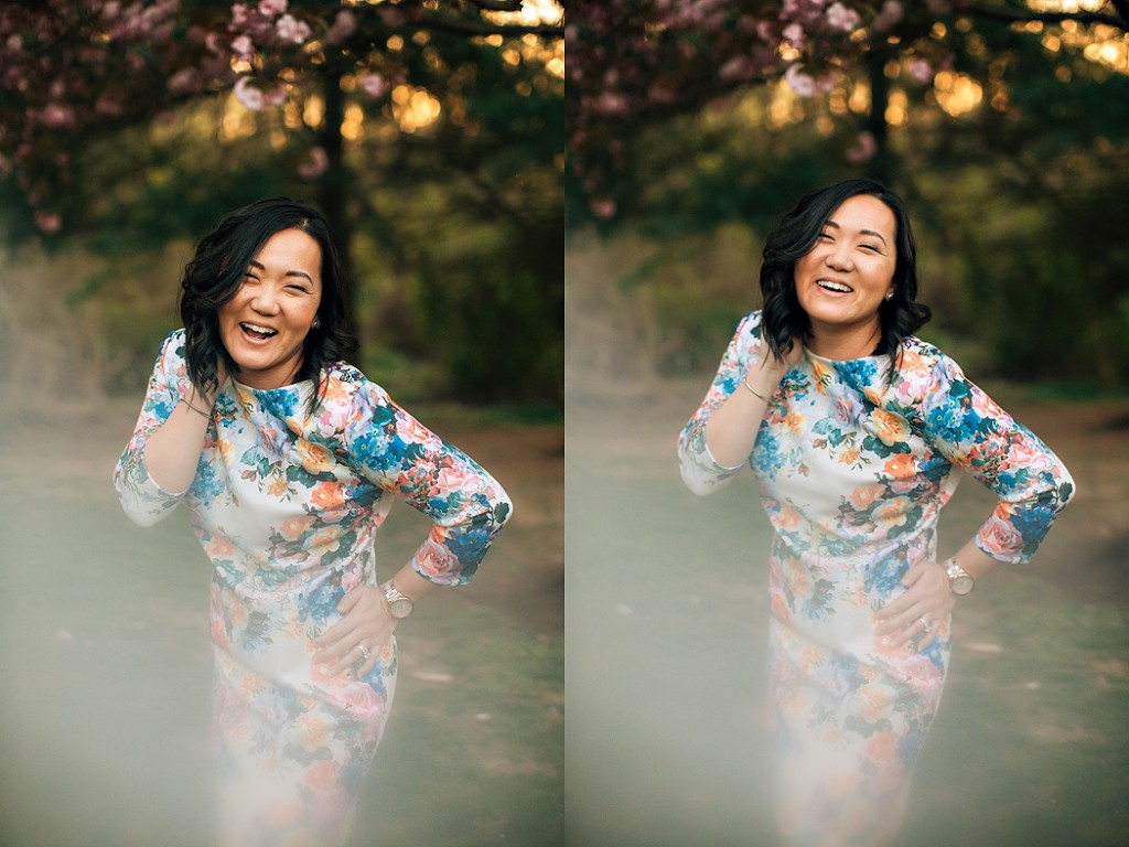 picture of a woman in a flower dress laughing by Winnie Bruce