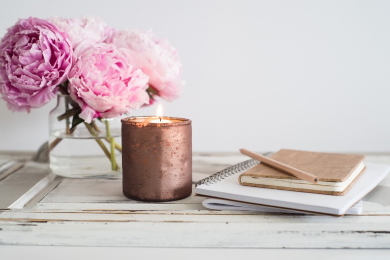 stock photo of gold candle and a vase of pink carnations by Jana Bishop