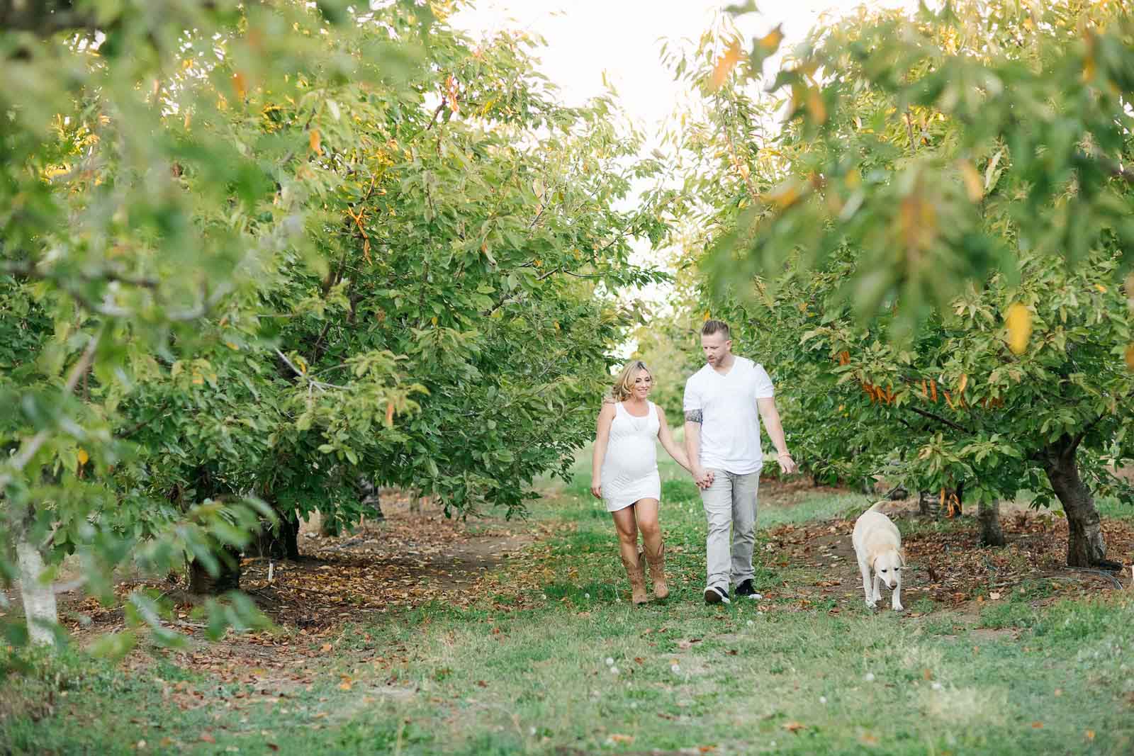 A couple walks through an orchard in Brentwood California