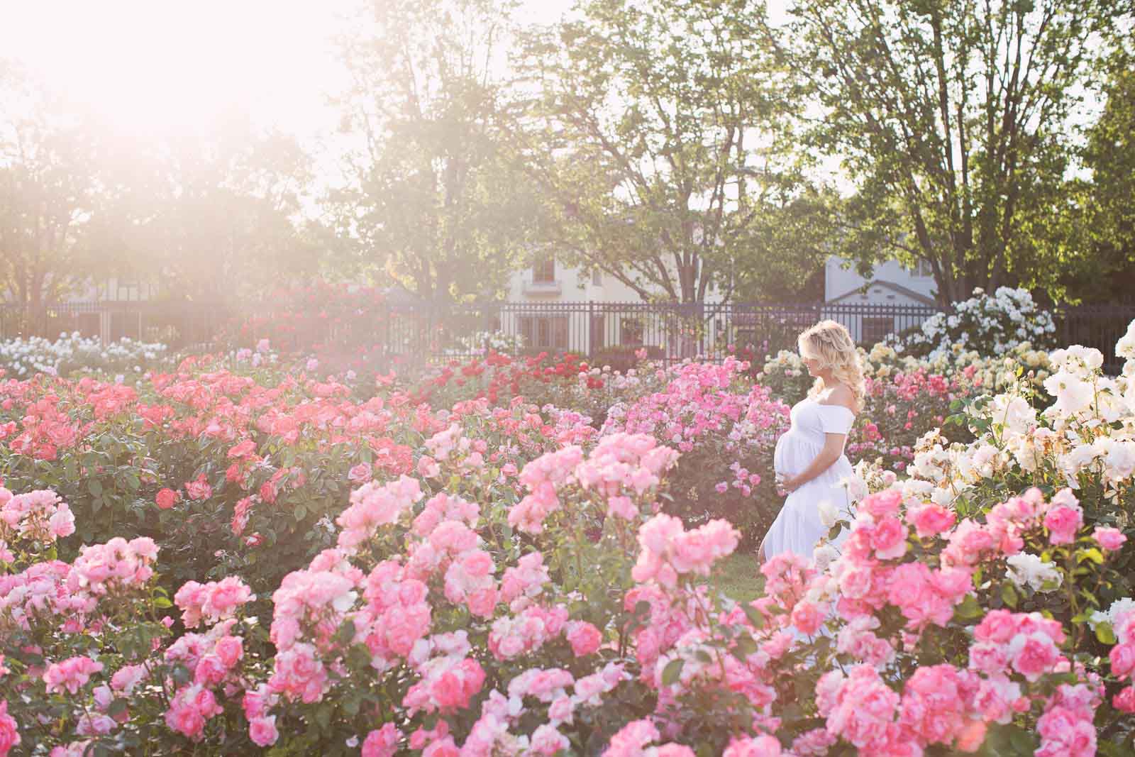 A pregnant woman stands in a field of pink flowers in San Jose, California
